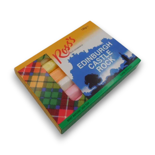 Ross's Edinburgh Castle Rock 135g theatre box with colourful tartan-inspired packaging and viewing window.