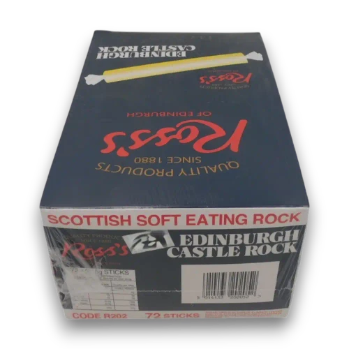 Ross's Edinburgh Castle Rock 72-stick display unit available from The Professors Online Lolly Shop with classic Scottish branding.