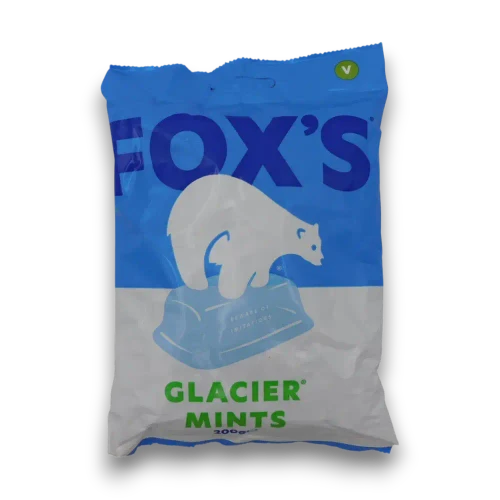 Fox’s Glacier Mints 200g bag with blue and white polar bear packaging, from The Professors Online Lolly Shop.