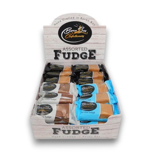 Open Byron Bay Assorted Fudge display unit showing caramel, chocolate and vanilla 40g wrapped fudge bars