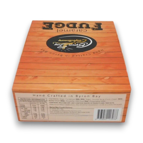 Back view of Byron Bay Caramel Fudge display box containing 36 individually wrapped 40g handcrafted fudge bars