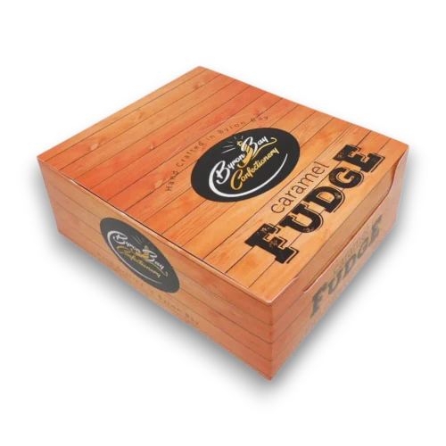 Angled left view of Byron Bay Caramel Fudge closed display unit containing 36 individually wrapped 40g bars