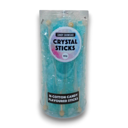 Crystal Sticks - Light Blue (16 x 22g) showcasing cotton candy-flavoured rock candy swizzle sticks in a 352g tub Crystal Sticks - Light Blue (16 x 22g) showcasing cotton candy-flavoured rock candy swizzle sticks in a 352g tub