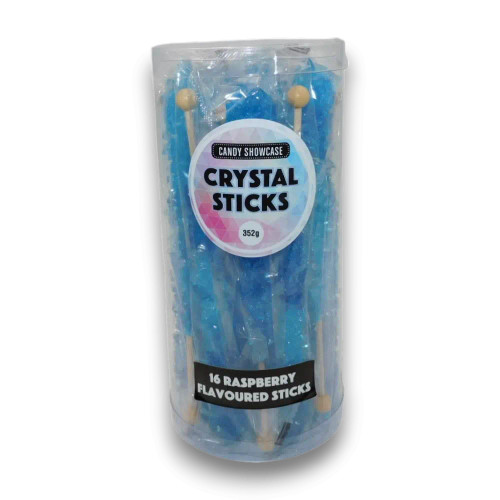 Crystal Sticks Royal Blue 352g container featuring 16 raspberry-flavoured rock candy sticks, available at The Professors Crystal Sticks Royal Blue 352g container featuring 16 raspberry-flavoured rock candy sticks, available at The Professors