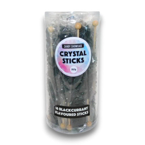 Crystal Sticks Black 16 x 22g showcasing blackcurrant-flavoured swizzle sticks, available at The Professors Online Lolly Shop