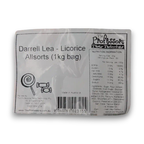 Nutrition label on the Darrell Lea Liquorice Allsorts 1kg bag showing Australian-made product details.
