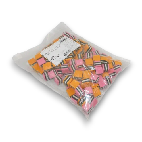 Angled left view of Darrell Lea Liquorice Allsorts in a 1kg bag from The Professors Online Lolly Shop.