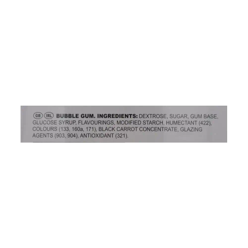Ingredient panel for Zed Candy Monster Jawbreakers confirming the bubble gum component inside each sweet.