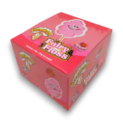 Warheads Fairy Floss Sour Strawberry pink display unit with sour strawberry detail, available at The Professors