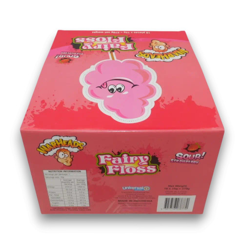 Sour strawberry fairy floss by Warheads in 18 pack display unit, individually wrapped bags, available at The Professors