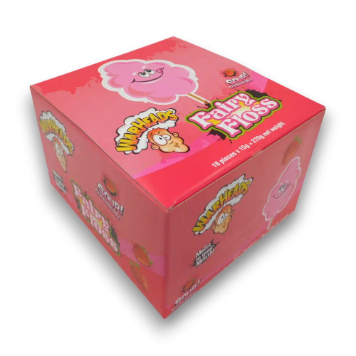 Warheads Fairy Floss Sour Strawberry 270g display box showing 18 individually packed fairy floss bags