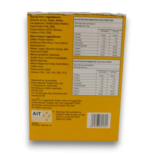 Nutritional information for Radz Edible Rice Paper with Syrup in Pen, strawberry-flavoured treat, available at The Professors