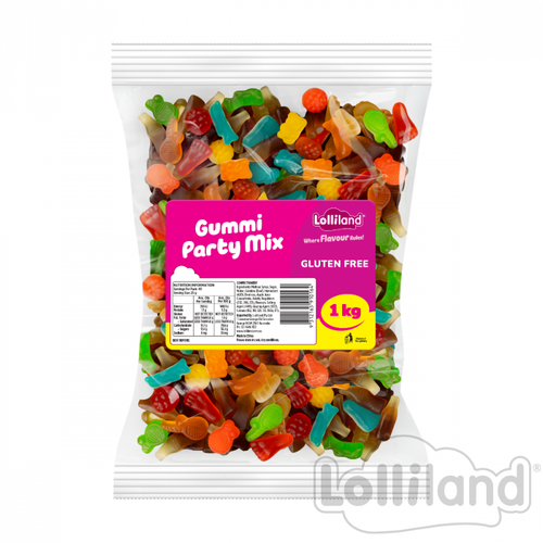Lolliland Gummi Party Mix 1kg clear gluten-free bag filled with assorted colourful gummies at The Professors Online Lolly Shop