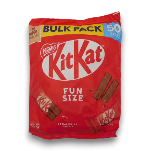 KitKat Fun Size 50 x 14g bag featuring individually wrapped mini chocolate bars with crispy wafers, made in Australia. KitKat Fun Size 50 x 14g bag featuring individually wrapped mini chocolate bars with crispy wafers, made in Australia.