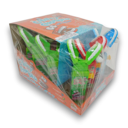 Chatty Chomper with Lollipop (12 x 17g) display, showing playful lollipop holders in green, red, and blue