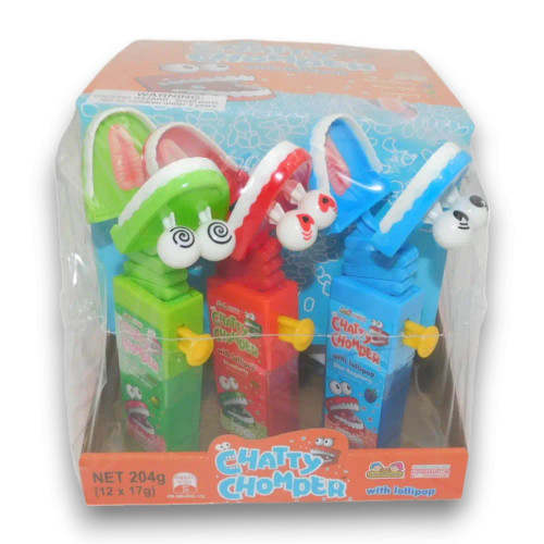 Chatty Chomper with Lollipop (12 x 17g) display box, with colourful designs and fun reptile characters