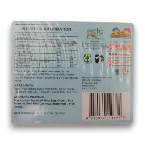 Nutrition information label for Chatty Chomper with Lollipop (12 x 17g) in a display, available at The Professors Online Lolly Shop