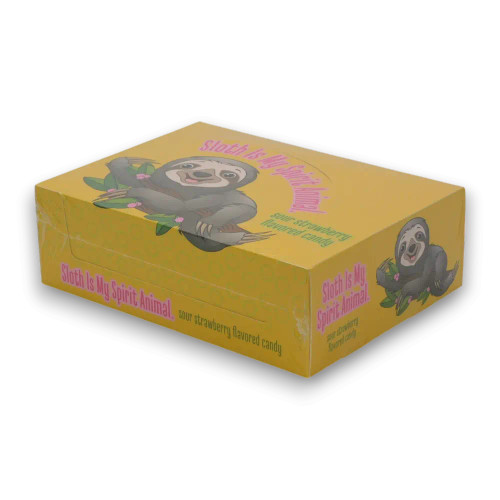 Sloth is My Spirit Animal Mints 12-pack display box showcasing sour strawberry-flavoured sloth-shaped candy tins. Sloth is My Spirit Animal Mints 12-pack display box showcasing sour strawberry-flavoured sloth-shaped candy tins.