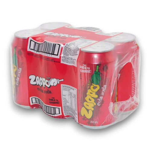 Zappo Cola Soda 6x350ml pack featuring bright red cans, perfect for a refreshing fizzy drink, available at The Professors. Zappo Cola Soda 6x350ml pack featuring bright red cans, perfect for a refreshing fizzy drink, available at The Professors.