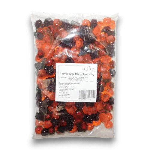 Amos 4D Gummy Mixed Fruit in a 1kg bag, showing vibrant mini fruit shapes, available at The Professors Online Lolly Shop. Amos 4D Gummy Mixed Fruit in a 1kg bag, showing vibrant mini fruit shapes, available at The Professors Online Lolly Shop.