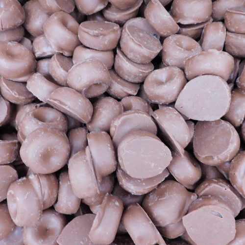Close-up of Milk Chocolate Aniseed Rings showing a smooth chocolate coating and licorice centre, perfect for desserts. Close-up of Milk Chocolate Aniseed Rings showing a smooth chocolate coating and licorice centre, perfect for desserts.