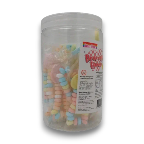 Sweet Treats Candy Bracelets jar showing 20 individually wrapped pastel candy bracelets with heart-shaped charms.