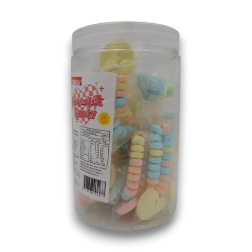Sweet Treats Candy Bracelets display jar filled with individually wrapped wearable novelty candy bracelets.