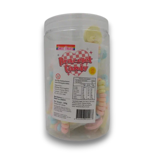 Sweet Treats Candy Bracelets display jar containing 20 individually wrapped 12g wearable candy bracelets at The Professors
