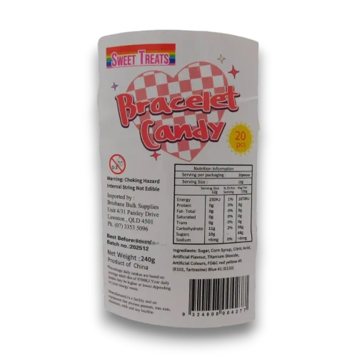 Product information panel for Sweet Treats Candy Bracelets jar containing 20 individually wrapped 12g candy bracelets.