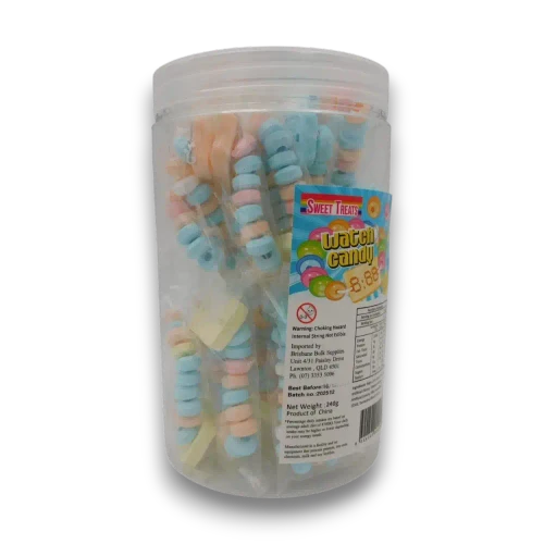 Sweet Treats Candy Watch jar showing 20 individually wrapped novelty wearable candy watches.