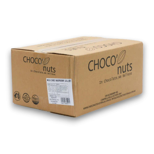 Milk Chocolate Raspberry Jellies 7kg box with branded packaging, perfect for bulk supply, available at The Professors.