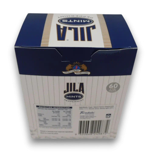 Jila Mini Peppermint Mints 60 x 8g packs, boxed mint display with product details at The Professors Online Lolly Shop.