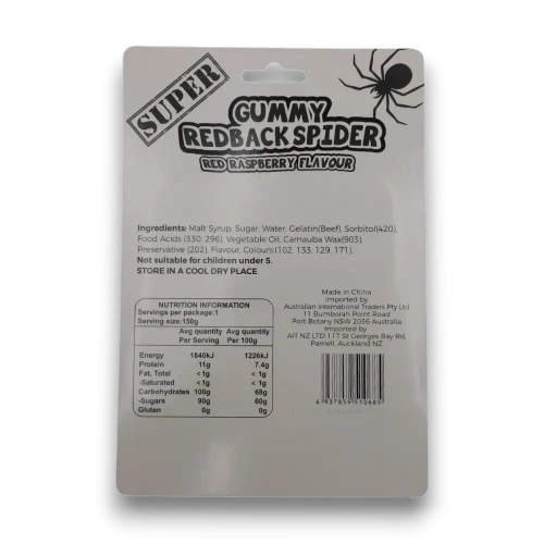 Nutritional information of Giant Redback Gummy Spider 100g.