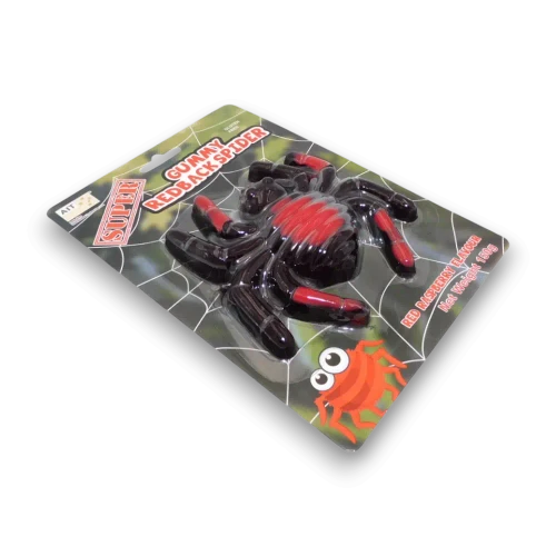 Giant Redback Gummy Spider 100g in blister packaging with web-themed design, highlighting its red raspberry flavour.