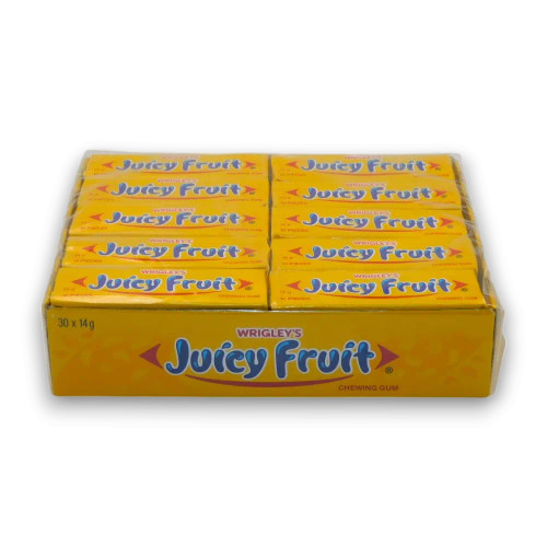 Wrigleys Juicy Fruit Original chewing gum packs arranged in a wholesale 30-pack counter display tray, available at The Professors.