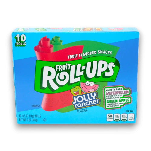 Jolly Rancher Fruit Roll-Ups 10-Pack Box with watermelon and green apple flavours highlighted.