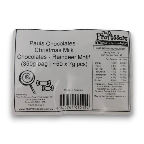 Nutritional panel of Pauls Chocolates - Christmas Milk Chocolates - Reindeer Motif (350g bag | ~50 x 7g pcs).
