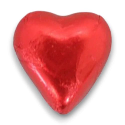 Heart-shaped milk chocolate wrapped in red foil, available in a 5kg box at The Professors Online Lolly Shop.