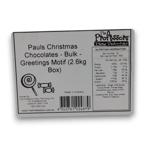 Nutritional information of Pauls Chocolates - Christmas Milk Chocolates - Greetings Motif (2.6kg Box | ~370 x 7g Pcs).