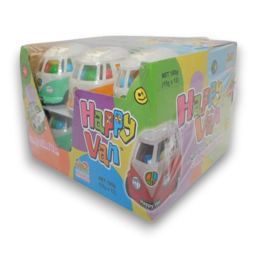 Happy Van 15g candy-filled van with pull-back action, available in a 12-pack at The Professors Online Lolly Shop Happy Van 15g candy-filled van with pull-back action, available in a 12-pack at The Professors Online Lolly Shop