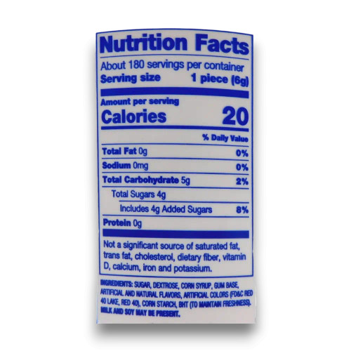 Nutrition facts of Dubble Bubble Original Bubble Gum 180 Pieces.