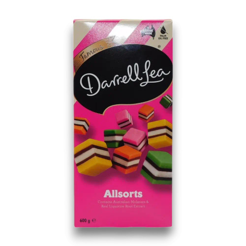 Darrell Lea’s famous Licorice Allsorts with layered fondant in a 600g box, available at The Professors Online Lolly Shop