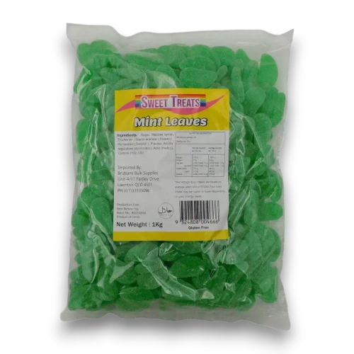 Sweet Treats Spearmint Leaves 1kg bag, green mint leaves, available at The Professors Online Lolly Shop.