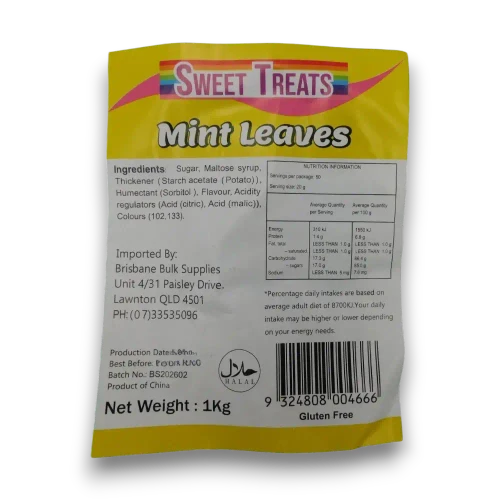 Sweet Treats Mint Leaves, 1kg bag, ingredients and nutrition label with halal logo at The Professors Online Lolly Shop.