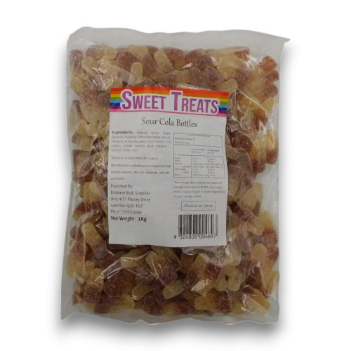 Sweet Treats Sour Cola Bottles 1kg bag featuring cola-flavoured sour lollies, available at The Professors Online Lolly Shop. Sweet Treats Sour Cola Bottles 1kg bag featuring cola-flavoured sour lollies, available at The Professors Online Lolly Shop.