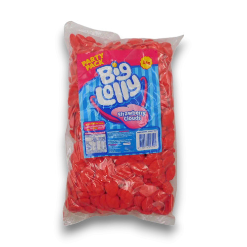 Big Lolly Strawberry Clouds 2kg party pack showing red cloud-shaped gummy lollies, available at The Professors.