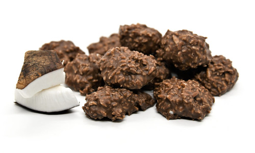 Dark Chocolate Coconut Rough showcasing rustic clusters of shredded coconut coated in rich dark chocolate.