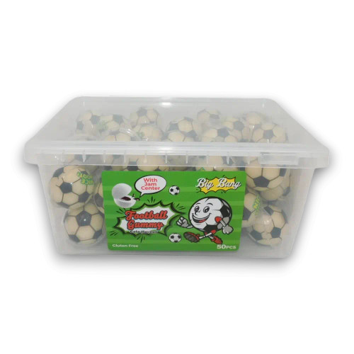 Football-themed Jam Gummies in a 50-piece bulk tub, designed for easy sharing at events, sports parties, and retail displays.