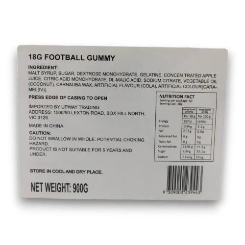 Nutritional information panel of Jam Gummy - Football (50 Units).