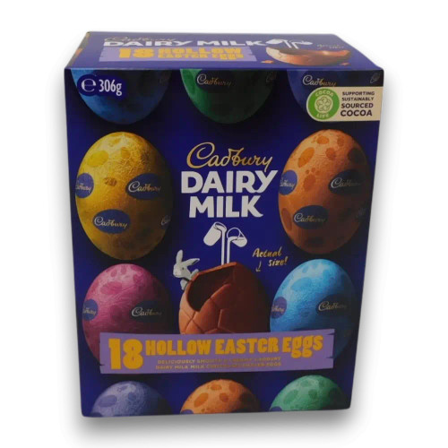 Cadbury Dairy Milk Hunting Hollow Eggs, individually wrapped in vibrant foil, ideal for gifting and sharing.